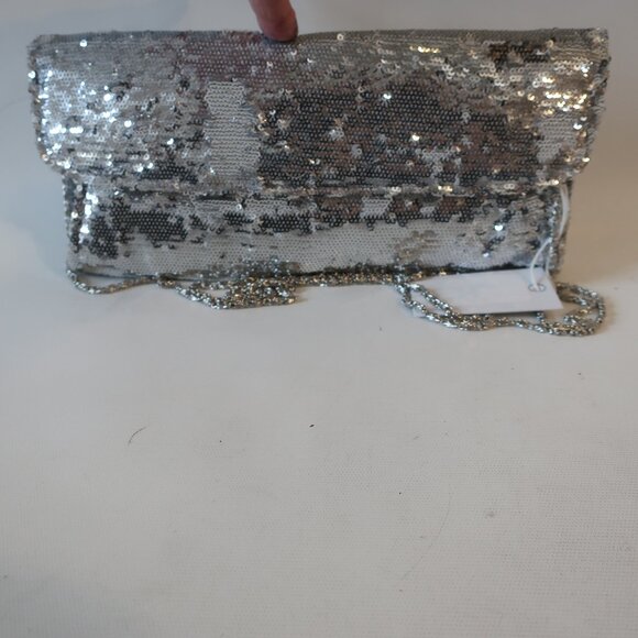 NWD Womens Jacky & Celine Silver Sequin Chain Strap Clutch Evening Handbag - Picture 1 of 8